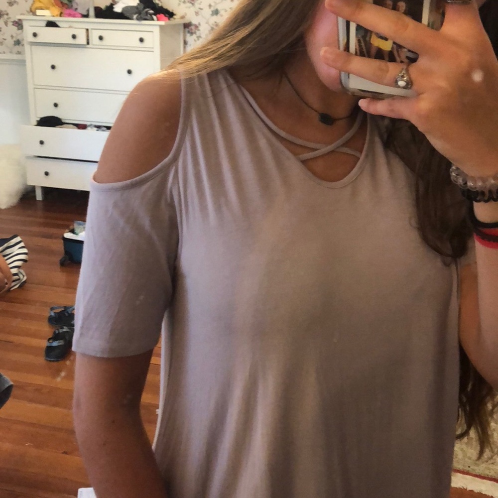 Cold shoulder top with criss-cross v-neck